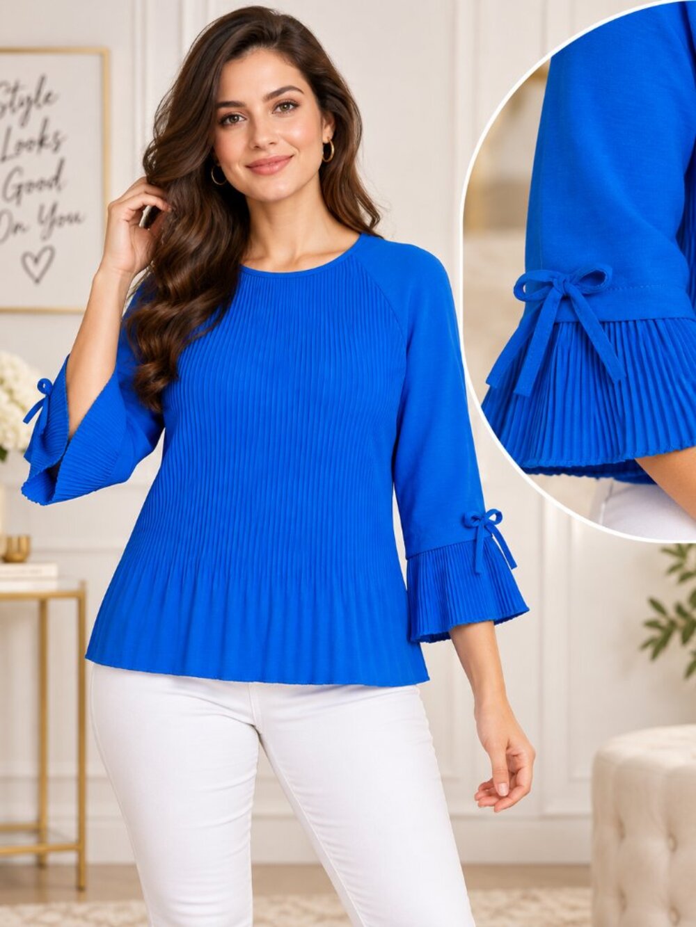 Moda Italia Blue Pleated Blouse Size L 3/4 Sleeve Tiered Hem NWT
